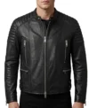 Mens Black Quilted Shoulder Cafe Racer Leather Jacket