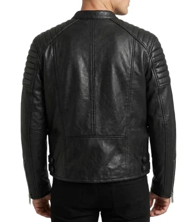 Mens Black Quilted Shoulder Cafe Racer Leather Jacket back full view
