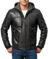 Mens Black Removable Hood Bomber Leather Jacket