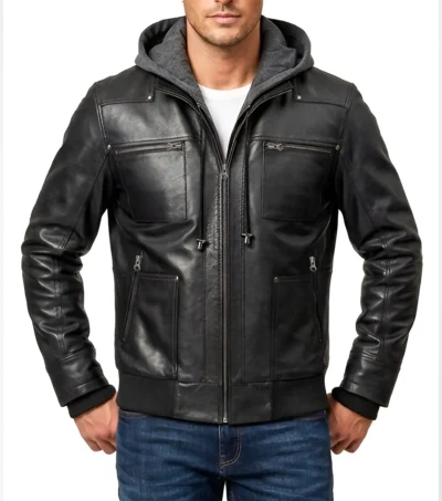 Mens Black Removable Hood Bomber Leather Jacket