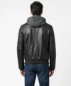Mens Black Removable Hood Bomber Leather Jacket back
