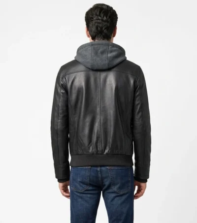 Mens Black Removable Hood Bomber Leather Jacket back