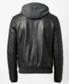 Mens Black Removable Hood Bomber Leather Jacket back full view
