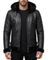 Mens Black Shearling Lined Hooded Bomber Leather Jacket