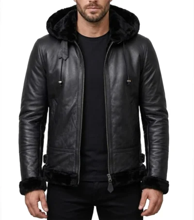 Mens Black Shearling Lined Hooded Bomber Leather Jacket