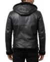 Mens Black Shearling Lined Hooded Bomber Leather Jacket back full view