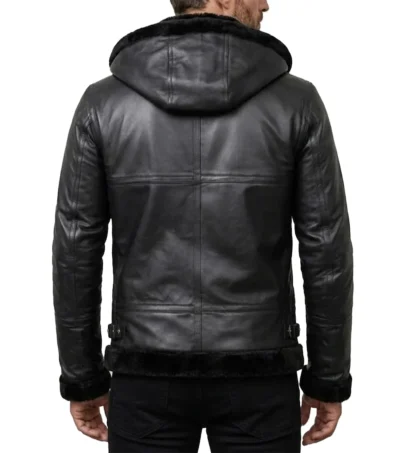 Mens Black Shearling Lined Hooded Bomber Leather Jacket back full view