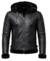 Mens Black Shearling Lined Hooded Bomber Leather Jacket front