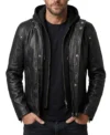 Mens Black Snap Button Hooded Biker Leather Jacket