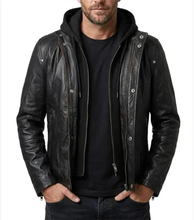 Mens Black Snap Button Hooded Biker Leather Jacket