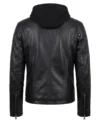 Mens Black Snap Button Hooded Biker Leather Jacket back