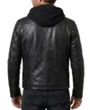 Mens Black Snap Button Hooded Biker Leather Jacket back full view