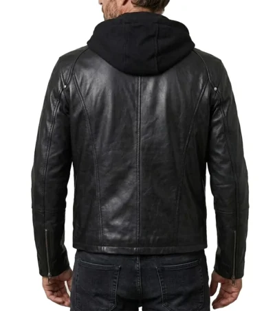 Mens Black Snap Button Hooded Biker Leather Jacket back full view