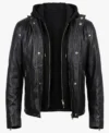 Mens Black Snap Button Hooded Biker Leather Jacket front