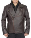Mens Brown Biker Leather Jacket with Removable Hood