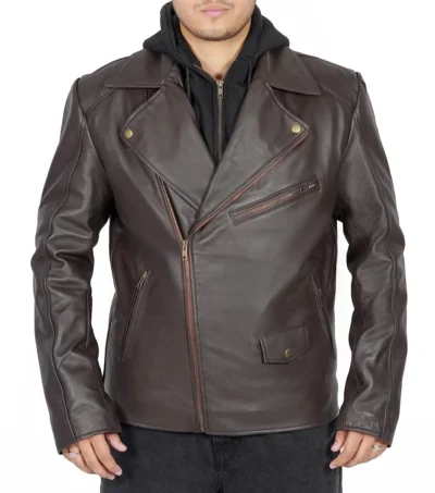Mens Brown Biker Leather Jacket with Removable Hood
