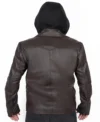 Mens Brown Biker Leather Jacket with Removable Hood back
