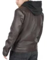 Mens Brown Biker Leather Jacket with Removable Hood back side view
