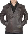Mens Brown Biker Leather Jacket with Removable Hood front