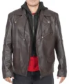 Mens Brown Biker Leather Jacket with Removable Hood front full view