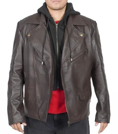 Mens Brown Biker Leather Jacket with Removable Hood front full view