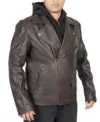 Mens Brown Biker Leather Jacket with Removable Hood right side view
