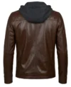 Mens Brown Detachable Grey Hooded Leather Jacket back