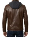 Mens Brown Detachable Grey Hooded Leather Jacket back full view
