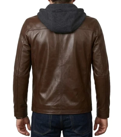 Mens Brown Detachable Grey Hooded Leather Jacket back full view