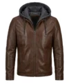 Mens Brown Detachable Grey Hooded Leather Jacket front view