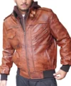 Mens Brown Hooded Leather Bomber Jacket