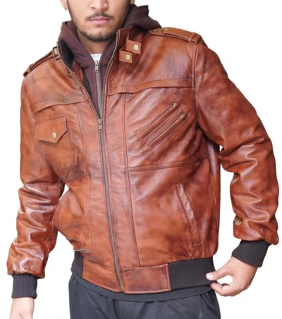 Mens Brown Hooded Leather Bomber Jacket
