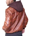 Mens Brown Hooded Leather Bomber Jacket back