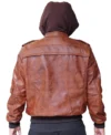 Mens Brown Hooded Leather Bomber Jacket back full view
