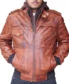 Mens Brown Hooded Leather Bomber Jacket front full view