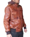 Mens Brown Hooded Leather Bomber Jacket left side view