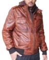 Mens Brown Hooded Leather Bomber Jacket side pose
