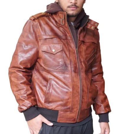 Mens Brown Hooded Leather Bomber Jacket side pose