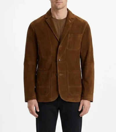 Mens Brown Topstitched Patch Pocket Suede Sport Coat