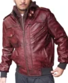 Mens Burgundy Hooded Leather Bomber Jacket