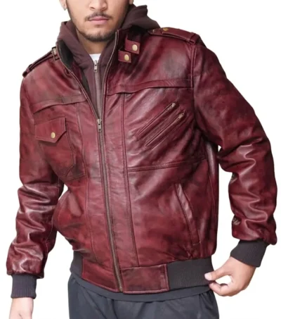 Mens Burgundy Hooded Leather Bomber Jacket