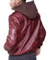 Mens Burgundy Hooded Leather Bomber Jacket back side pose