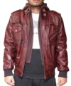 Mens Burgundy Hooded Leather Bomber Jacket front view