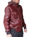 Mens Burgundy Hooded Leather Bomber Jacket right side pose