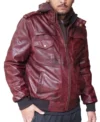 Mens Burgundy Hooded Leather Bomber Jacket side pose