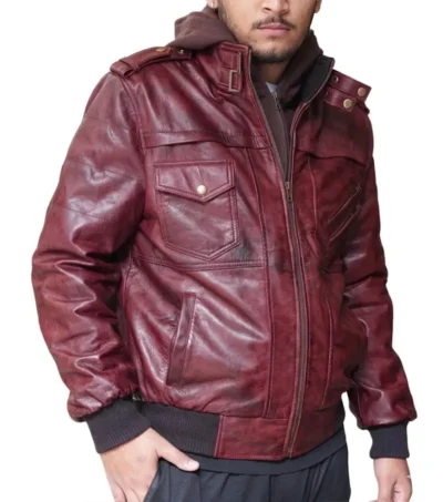 Mens Burgundy Hooded Leather Bomber Jacket side pose