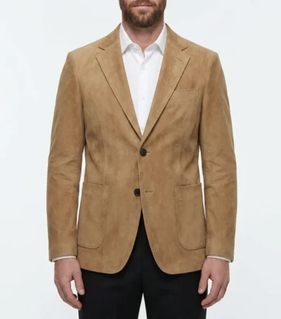 Mens Camel Beige Slim Fit Notch Lapel Suede Sport Coat