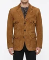 Mens Caramel Brown Multi Pocket Suede Blazer Sport Coat