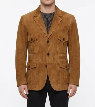 Mens Caramel Brown Multi Pocket Suede Blazer Sport Coat