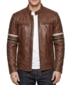 Mens Cognac Brown Cafe Racer Leather Jacket with Dual Stripes